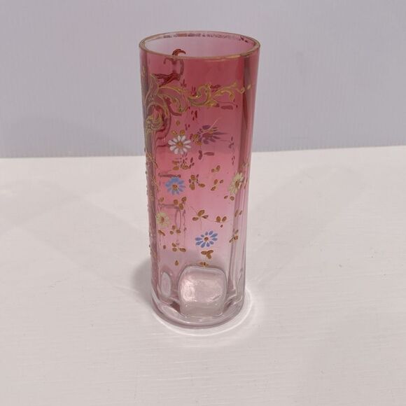 Vintage Hand Blown Cranberry Glass Hand Painted 3D Floral Single Bud Vase - Picture 3 of 9